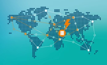 Weltkarte aus blauen Punkten auf türkisem Hintergrund. Darüber ein symbolisches Netzwerk mit Icon für Serber, in die ein Blitz einschlägt.