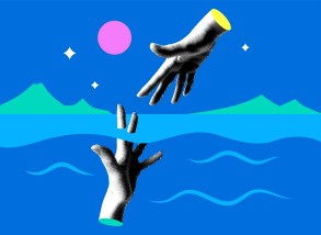 Hand of a rescuer reaches out to the hand of a drowning man. Concept of insurance. Psychological help from a psychologist. Life saving in sea. Modern collage