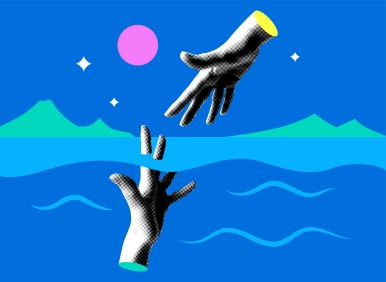 Hand of a rescuer reaches out to the hand of a drowning man. Concept of insurance. Psychological help from a psychologist. Life saving in sea. Modern collage